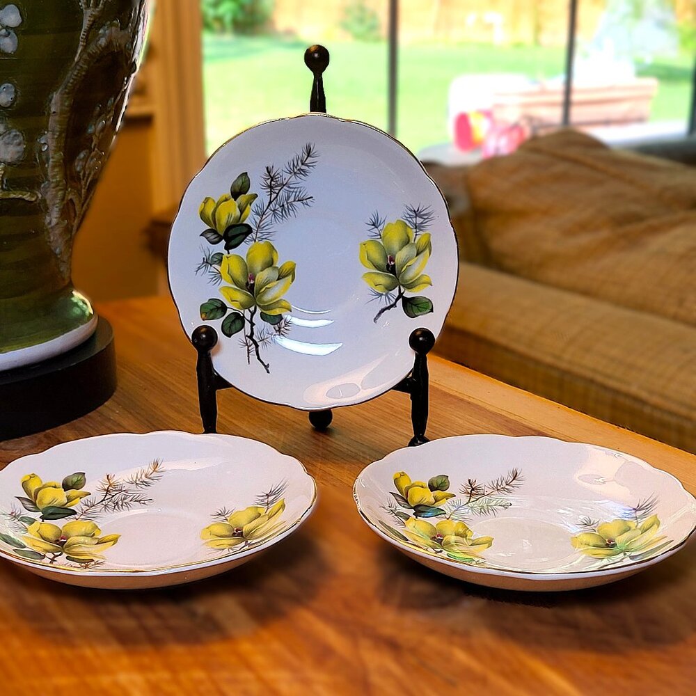 Vintage Regency English Bone China Saucers, Yellow Magnolia Gold Trim, Set of 3